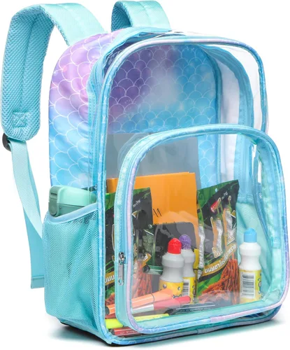 Vista 8 de BLUEFAIRY Mochila transparente para estadio escolar, grande, de PVC, transparente, bolsa de libros, mochila transparente, Azul bebé, Mochilas Daypack