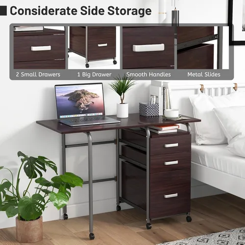 Vista 7 de Giantex Escritorio plegable para espacio pequeño, escritorio de oficina en casa rodante con 3 cajones y ruedas universales con cerradura, escritorio