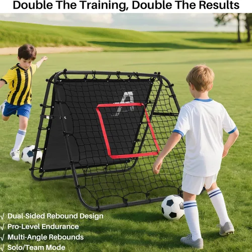 Vista 2 de Portería de fútbol ajustable con red de rebote Entrenador de fútbol de doble ángulo con marco de acero Red de rebote plegable portátil