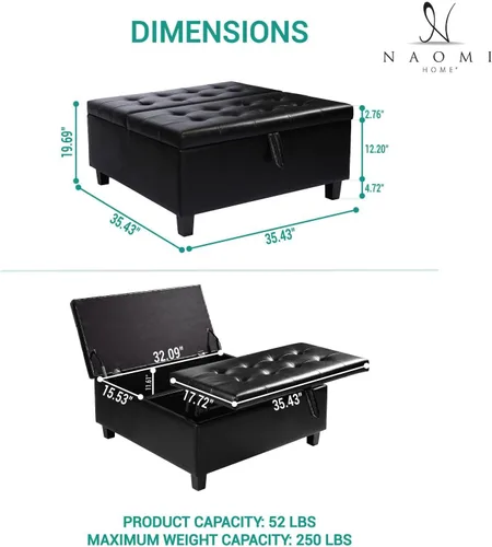 Vista 2 de Naomi Home Ciara - Banco otomano tapizado de cuero negro de 35 pulgadas, mesa auxiliar cuadrada grande de almacenamiento, caja de juguetes, taburete