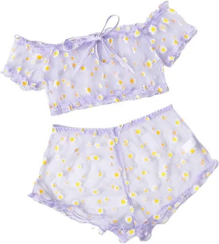 Vista 3 de Springcmy Conjunto de lencería sexy de 2 piezas para mujer, con malla de encaje, ropa de noche, brasier y ropa