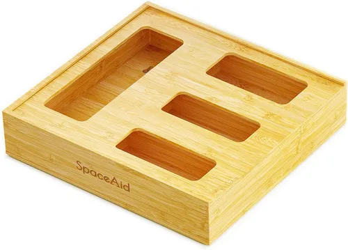 Vista 7 de SpaceAid Organizador de bolsas para cajón de cocina, de bambú, compatible con galón, cuarto de galón, sándwiches y aperitivos, para bolsas de 4
