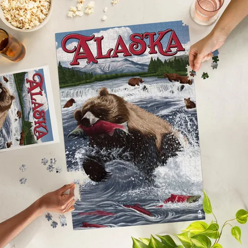 Vista 3 de Lantern Press Rompecabezas de 1000 piezas, pescado de salmón de oso grizzly, Alaska