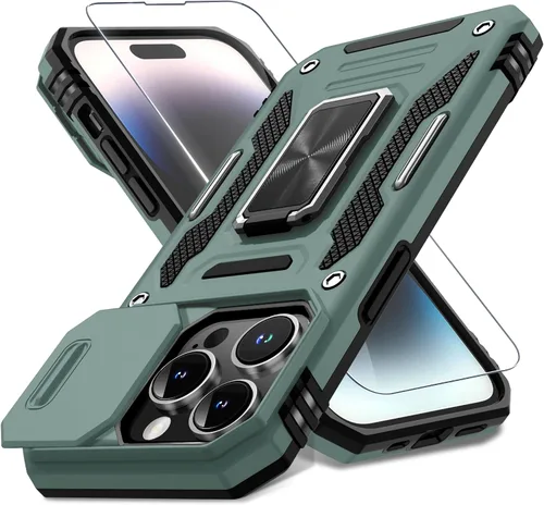 Vista 75 de DEERLAMN Funda para iPhone Xs Max con funda deslizante para cámara + protector de pantalla, soporte giratorio de anillo de grado militar a prueba