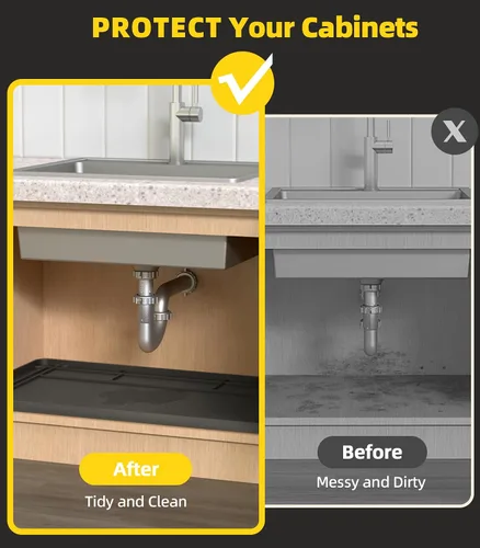 Vista 5 de Wohbay Tapetes para debajo del fregadero de cocina, impermeables, cortados para adaptarse a la bandeja de goteo debajo del fregadero para gabinetes