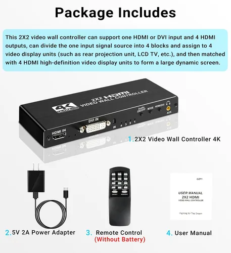 Vista 7 de avedio Links Controlador de pared de video HDMI 2x2 4K, 1080P @60Hz HDMI DVI TV procesador de pared con salida de audio, 4 pantallas de TV en 1