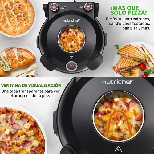 Vista 4 de NutriChef Horno eléctrico para pizza Máquina de pizza de encimera de 1200 W con control de temperatura y termómetro Ventana de visualización