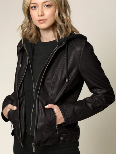 Vista 6 de Lock and Love - Chaqueta de motociclista de piel sintética con capucha desmontable, para mujer