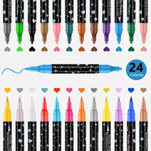 Vista 3 de Juego de rotuladores de pintura acrílica de doble punta de 24 colores, puntas acrílicas multifuncionales con cuerpo de bolígrafo láser, bolígrafos
