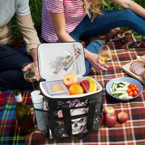 Vista 7 de ALAZA Sugar Skull Floral The Day of Dead - Bolsa de picnic aislada grande para adultos, hombres y mujeres