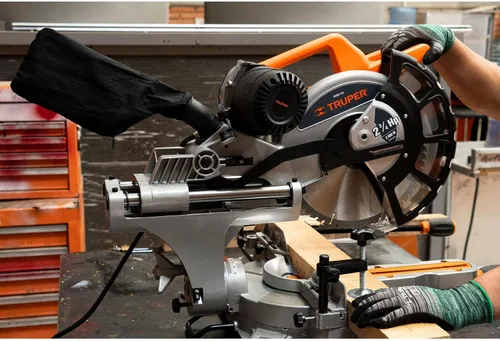 Vista 7 de TRUPER SINCO-12X Sierra ingletadora compuesta de doble bisel de 12 pulgadas con línea láser, 2 3/4 HP (hoja de sierra de madera incluida)