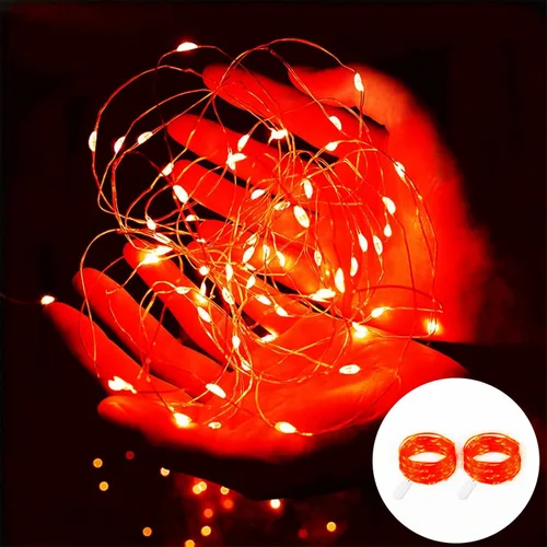 Vista 11 de Luces rojas de Halloween de 7 pies, funciona con pilas, luces LED de Navidad para interiores y exteriores, piezas centrales, guirnaldas, mesa de Rojo