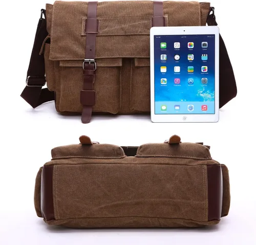 Vista 3 de Bolsa de mensajero de lona militar, bolsa de hombro para laptap para hombres, bolsa de trabajo cruzada, bolsa de negocios casual