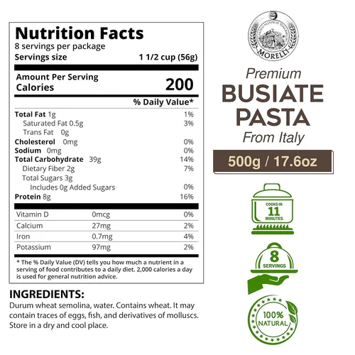 Vista 2 de Morelli - Pasta en espiral orgánica de sémola de trigo duro prémium de Italia, rica en proteínas, granos antiguos, totalmente naturales, italiana