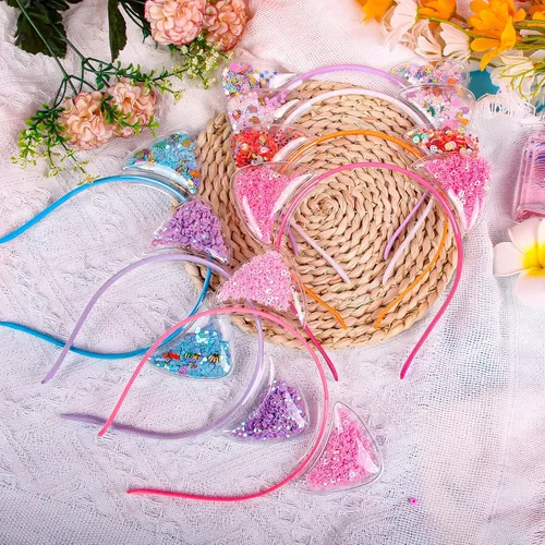 Vista 7 de Fishdown Diademas de orejas de gato con purpurina para niñas y niños, diadema brillante con orejas de gato, diadema colorida con lentejuelas
