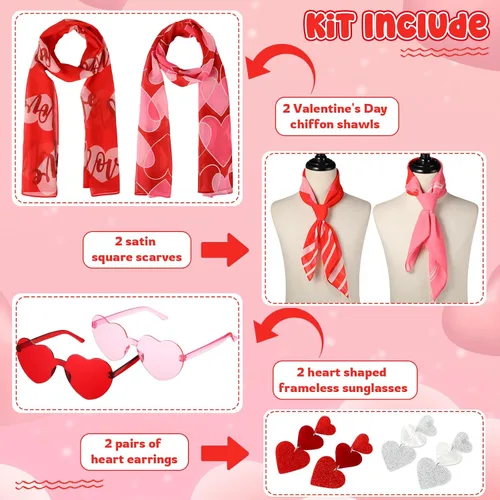 Vista 6 de Cutecrop Kit de 8 accesorios de San Valentín, 2 chales de gasa para el día de San Valentín y 2 bufandas cuadradas de satén con estampado de corazón