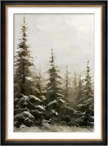 Vista 107 de MUDECOR Lienzo enmarcado prémium para pared, pinos nevados en bosque de invierno, ilustraciones modernas, arte contemporáneo, escénico, divertido