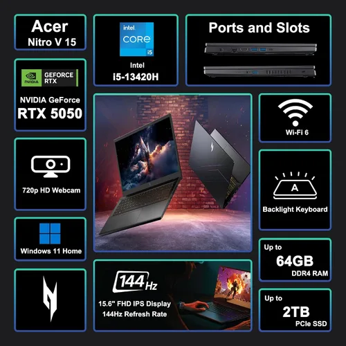 Vista 2 de acer Nitro V 15 Laptop para juegos de 15.6 pulgadas FHD IPS 165Hz Intel 8-core i5-13420H 16GB DDR4 1TB SSD GeForce RTX 5050 GDDR7 DLSS4