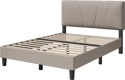 Vista 8 de Novilla Base de cama de tamaño matrimonial con plataforma de cabecera ajustable, base de cama matrimonial con cabecera tapizada de tela de lino,