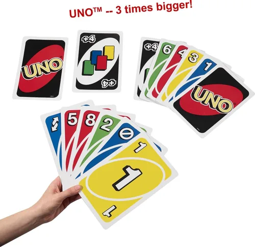 Vista 3 de Mattel Games Juego de cartas UNO gigante para niños, adultos y familias, accesible para daltónicos y con baraja grande personalizable