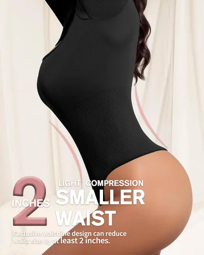 Vista 2 de MANGOPOP Shapewear for Women Square Neck Long Sleeve Tummy Control Thong Bodysuit top