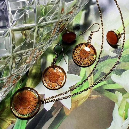 Vista 3 de FLOWER LEGEND Juego de aretes de plata esterlina 3 en 1 joyería de flores prensadas aretes de resina bisutería aretes colgantes de flores