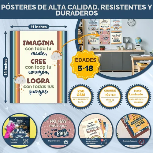 Vista 5 de Decorably 15 carteles de aula de español boho arco iris escuela secundaria Arco iris Boho