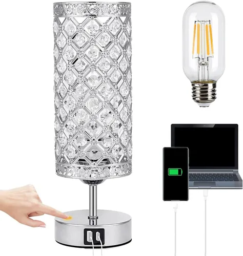 Vista 8 de Lámpara de mesa de cristal, lámpara de escritorio regulable K9 con control táctil, lámpara decorativa de cristal K9 con 2 puertos de carga USB