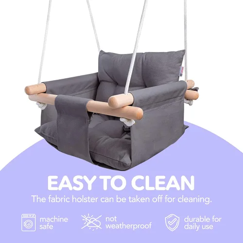 Vista 5 de CaTeam Asiento de columpio de lona para bebé con cinturón de seguridad de 5 puntos, columpio colgante de madera para niños pequeños, interior y Gris