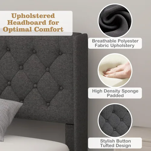 Vista 5 de Giantex Base de cama individual para niños, cama tapizada de tela moderna con cabecera capitoné con botones en la parte trasera de alas, base