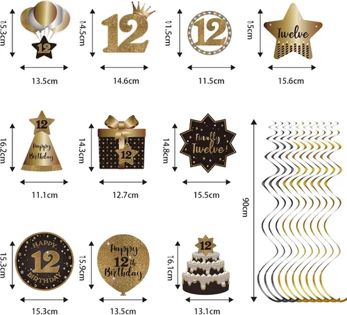 Vista 2 de Decoración de techo de remolinos colgantes para fiesta de cumpleaños número 12, celebración, 12 espirales colgantes de aluminio con recortes para 12