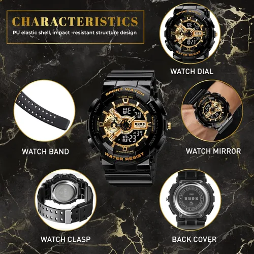 Vista 7 de Reloj de pulsera militar 1688 para hombre, resistente a los golpes, pantalla LED digital de doble tiempo