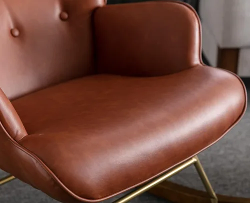 Vista 7 de EALSON Mecedora tapizada de piel, con respaldo copetudo, con base de madera, sillón moderno y cómodo para dormitorio, sala de estar, color marrón PU