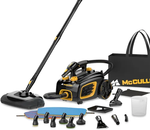 Vista 8 de McCulloch MC1230 - Limpiadora de vapor de mano, tiempo de ejecución de 10 minutos, 11 accesorios: boquilla de chorro, cepillos y más - Construido
