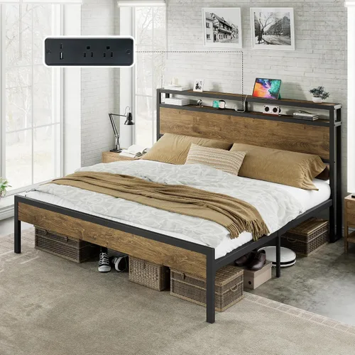 Vista 14 de AMERLIFE Base de cama tamaño Queen con cabecera de almacenamiento y estación de carga, cama de plataforma de metal industrial con gran Negro