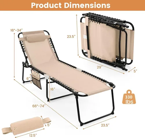 Vista 3 de Goplus Tumbona para exteriores, silla plegable de 5 posiciones para playa, con almohada desmontable, bolsillo lateral, tumbona para tomar el sol