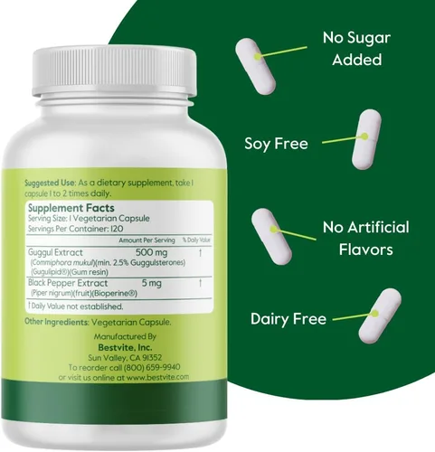 Vista 3 de BESTVITE Extracto de guggul de 500 mg (120 cápsulas vegetarianas), respaldado por investigación clínica, patentado y estandarizado, mejorado por
