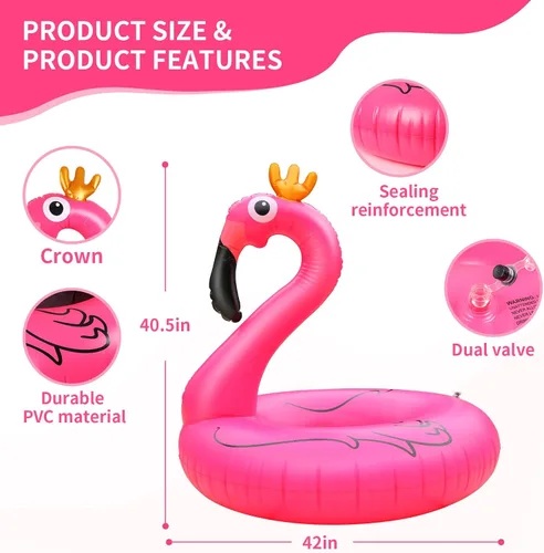 Vista 2 de Flotador inflable gigante de flamenco para piscina, 42 pulgadas, flotador de piscina de flamenco rosa para fiesta con válvulas rápidas, flotadores