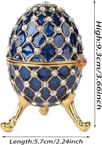 Vista 4 de QIFU Caja de baratija estilo huevo de Pascua azul vintage con mini carruaje real, regalo único para colección de Pascua (QF5291)