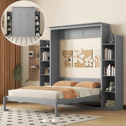Vista 25 de Baúl móvil Murphy de tamaño Queen con módulo USB integrado de doble alimentación/USB, armario moderno y tradicional de madera maciza con cajón Gris-A