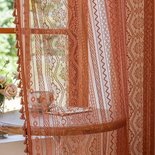 Vista 10 de MYSKY HOME Cortinas de encaje beige para puerta francesa de 40 pulgadas de largo, 2 paneles de cortinas florales bohemias transparentes para puerta