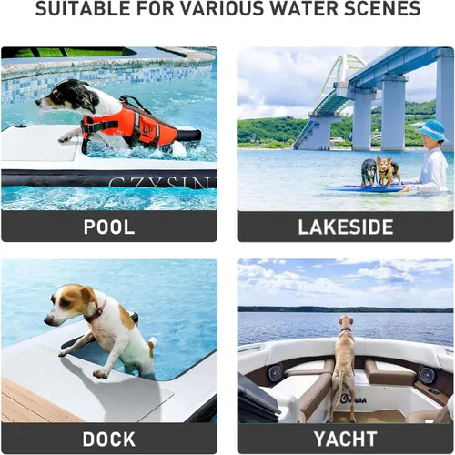 Vista 3 de Rampa inflable de agua para perros grandes, rampa flotante para mascotas de hasta 200 libras para perros grandes, escaleras inflables para barcos