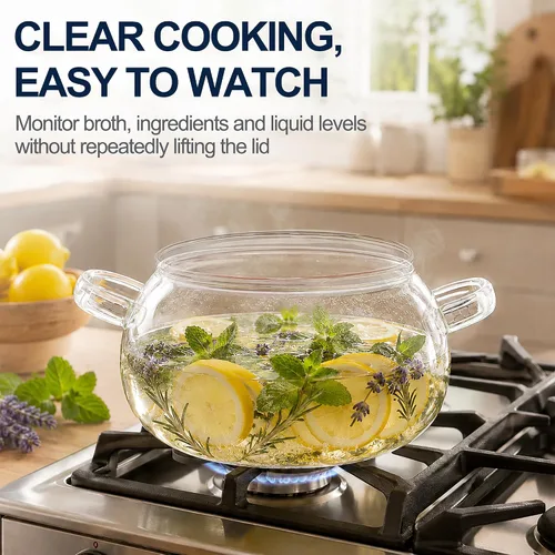 Vista 3 de Olla de vidrio de borosilicato, cacerola de 2.5 cuartos con tapa, apta para microondas, estufa y lavavajillas 3 QT borosilicate glass pot for