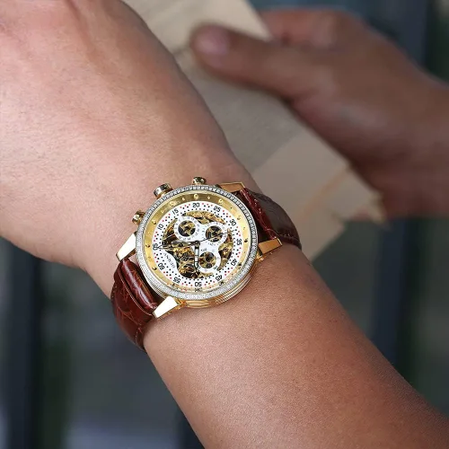 Vista 6 de BERNY - Reloj de pulsera automático para hombre, esfera de diamante real, multifunción, resistente al agua, correa de cuero genuino
