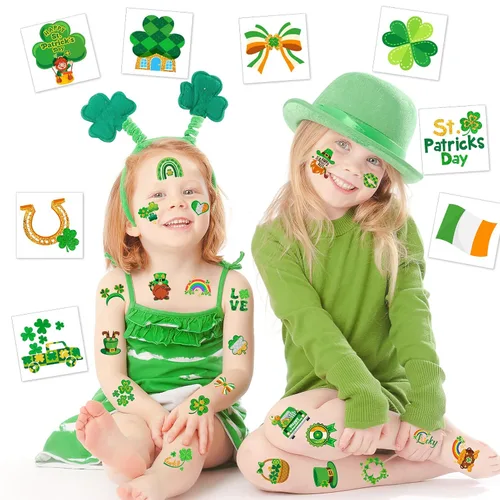 Vista 4 de HOWAF 96 tatuajes temporales del día de San Patricio, calcomanías de tatuaje de trébol con purpurina para decoraciones de fiesta irlandesa, tatuajes