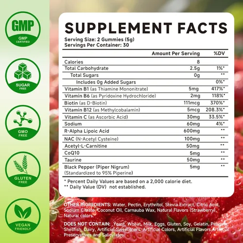 Vista 2 de R Gomitas de ácido alfa lipoico, ácido R-alfa lipoico estabilizado, suplemento ALA para apoyo antioxidante y metabolismo, veganas, sin OMG, sin