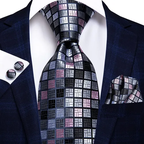 Vista 23 de Hi-Tie Corbata clásica de cachemira para hombre con pañuelo y gemelos a cuadros