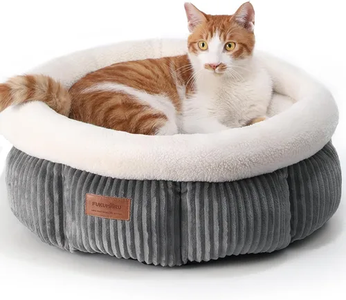 Vista 9 de FUKUMARU Cama para gatos, camas redondas de pana para gatos de interior, cama lavable y esponjosa para mascotas para gatos y cachorros, camas suaves