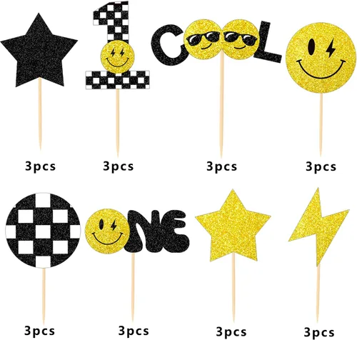 Vista 2 de 24 piezas de decoración para cupcakes de primer cumpleaños de One Happy Dude - Groovy One Cool Dude
