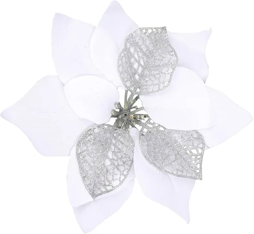 Vista 7 de YYCRAFT 12 flores artificiales de seda brillante con purpurina para decoración de árbol de Navidad (plata, 8 pulgadas)
